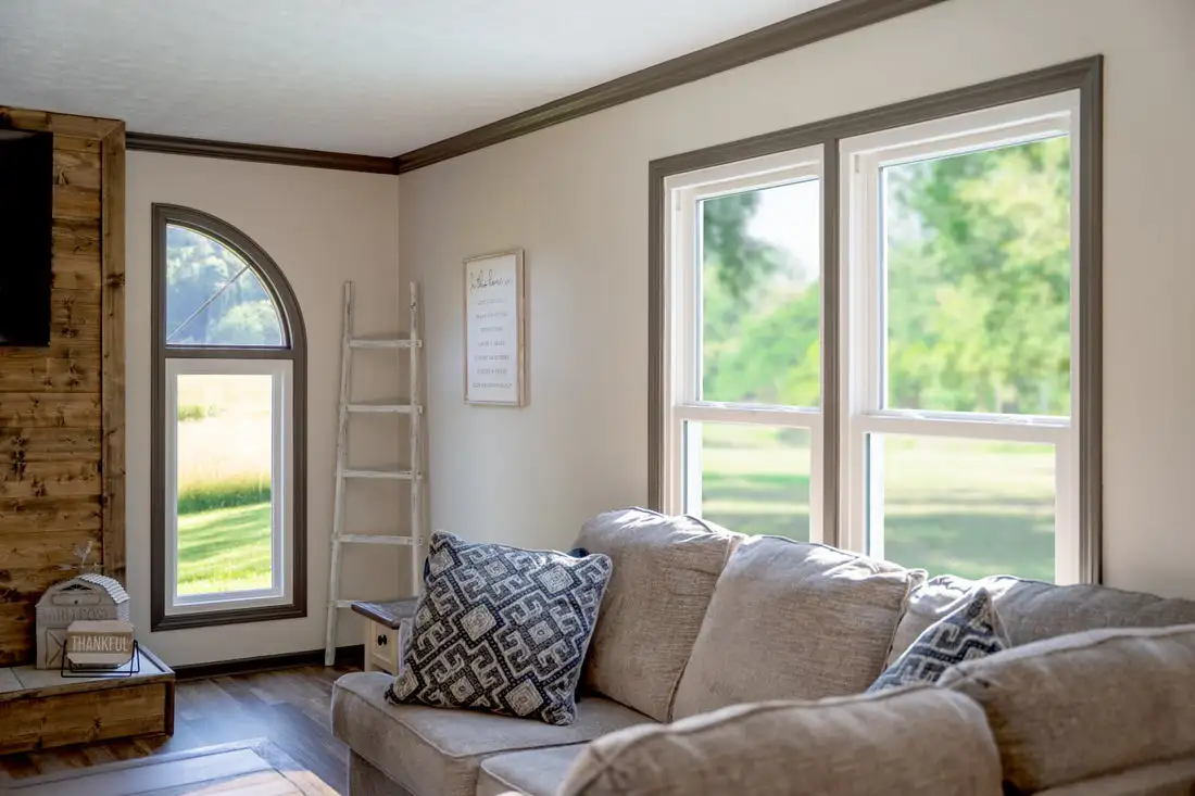 living room with unique window
